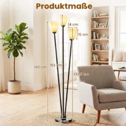 Stehlampe 153 cm Stehleuchte mit 3 E27-fassungen Leselampe 3 Flammig mit Lampenschirm Schwarz
