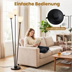 Stehlampe 153 cm Stehleuchte mit 3 E27-fassungen Leselampe 3 Flammig mit Lampenschirm Schwarz
