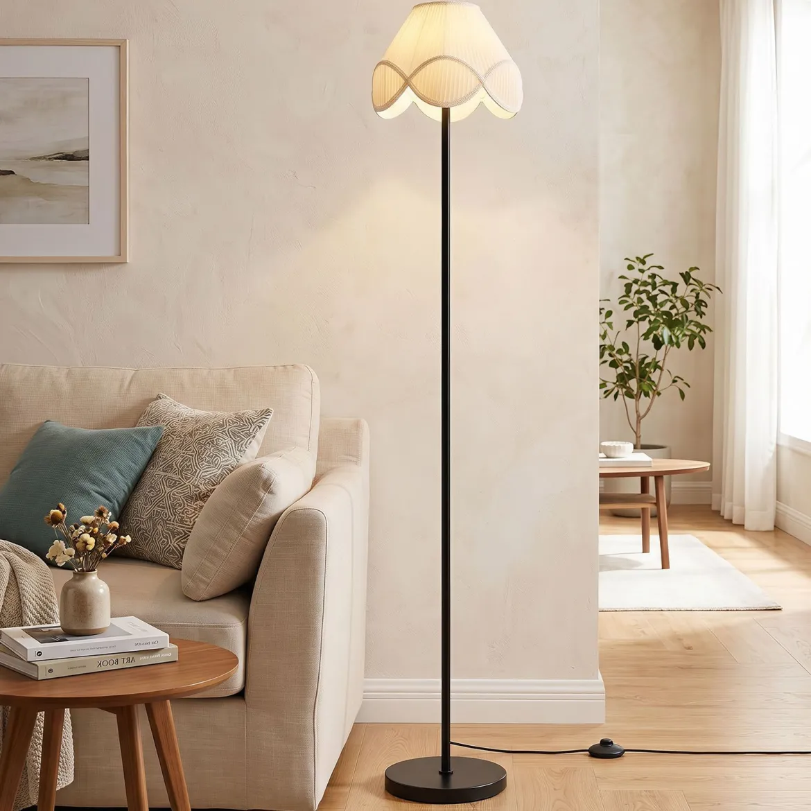 Stehlampe Dimmbar 159 cm Stehleuchte mit Stufenlos Einstellbare Helligkeit & Stoff-Lampenschirm Schwarz