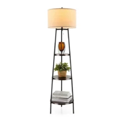 Stehlampe mit Holzregale Belastbar bis 15kg Stehleuchte mit Leinen Lampenschirm