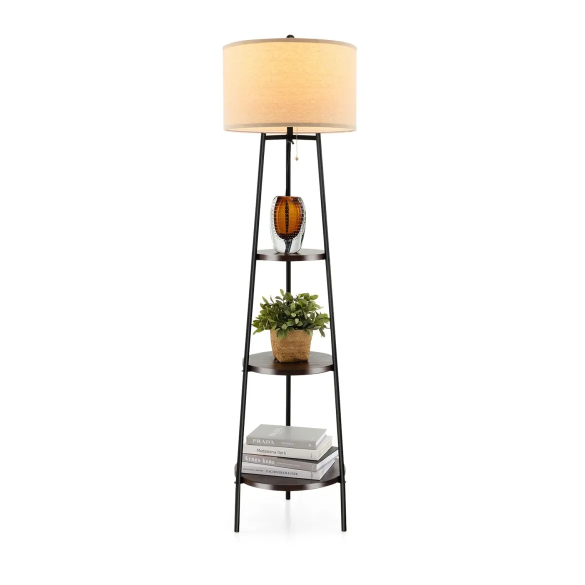 Stehlampe mit Holzregale Belastbar bis 15kg Stehleuchte mit Leinen Lampenschirm