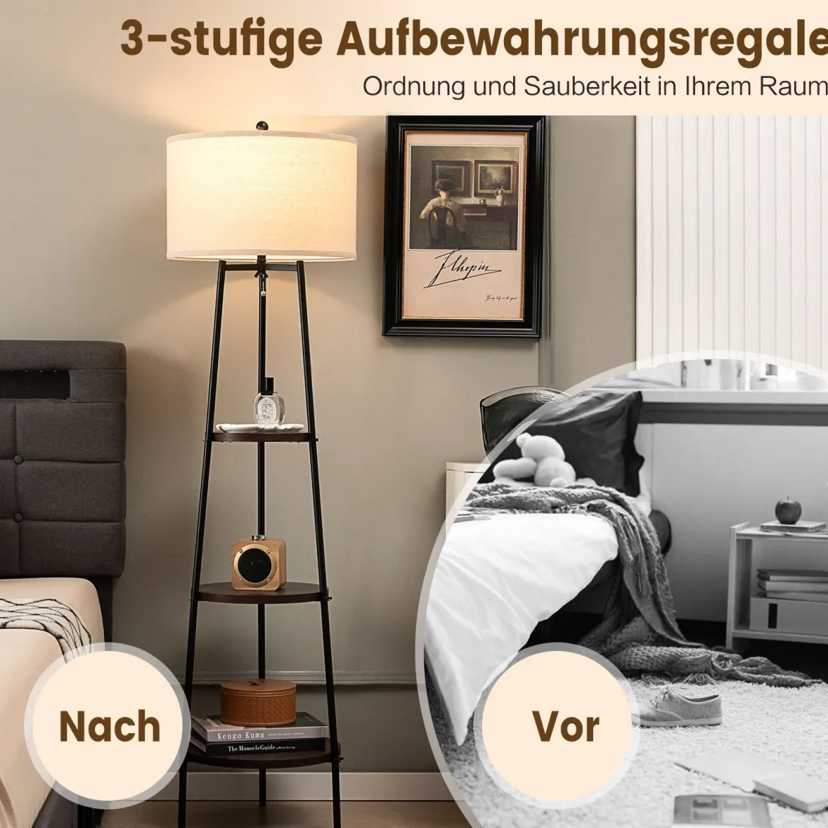Stehlampe mit Holzregale Belastbar bis 15kg Stehleuchte mit Leinen Lampenschirm