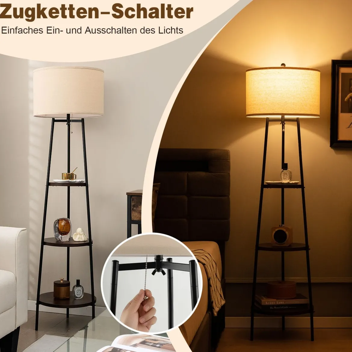 Stehlampe mit Holzregale Belastbar bis 15kg Stehleuchte mit Leinen Lampenschirm
