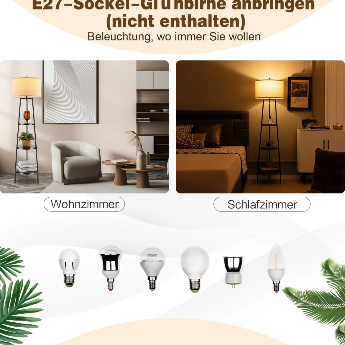 Stehlampe mit Holzregale Belastbar bis 15kg Stehleuchte mit Leinen Lampenschirm