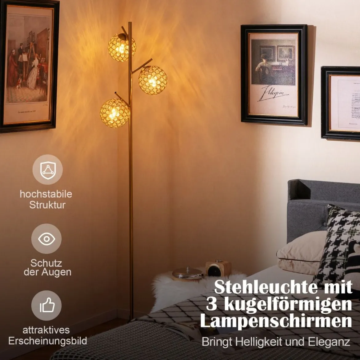 Stehlampe mit 3 Lampenschirmen und Fußschalter freistehende Standlampe 169cm Baumlampe