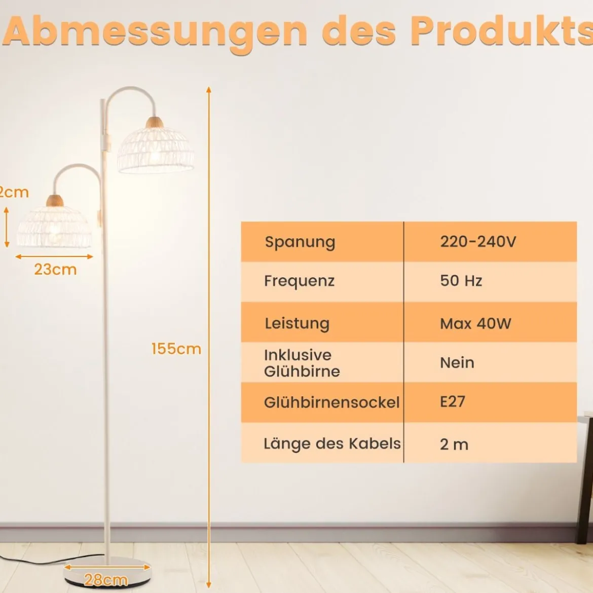 Stehlampe mit 2 Lichtern & Fußschalter 350° Drehbare Baumlampe Gewebten Lampenschirmen