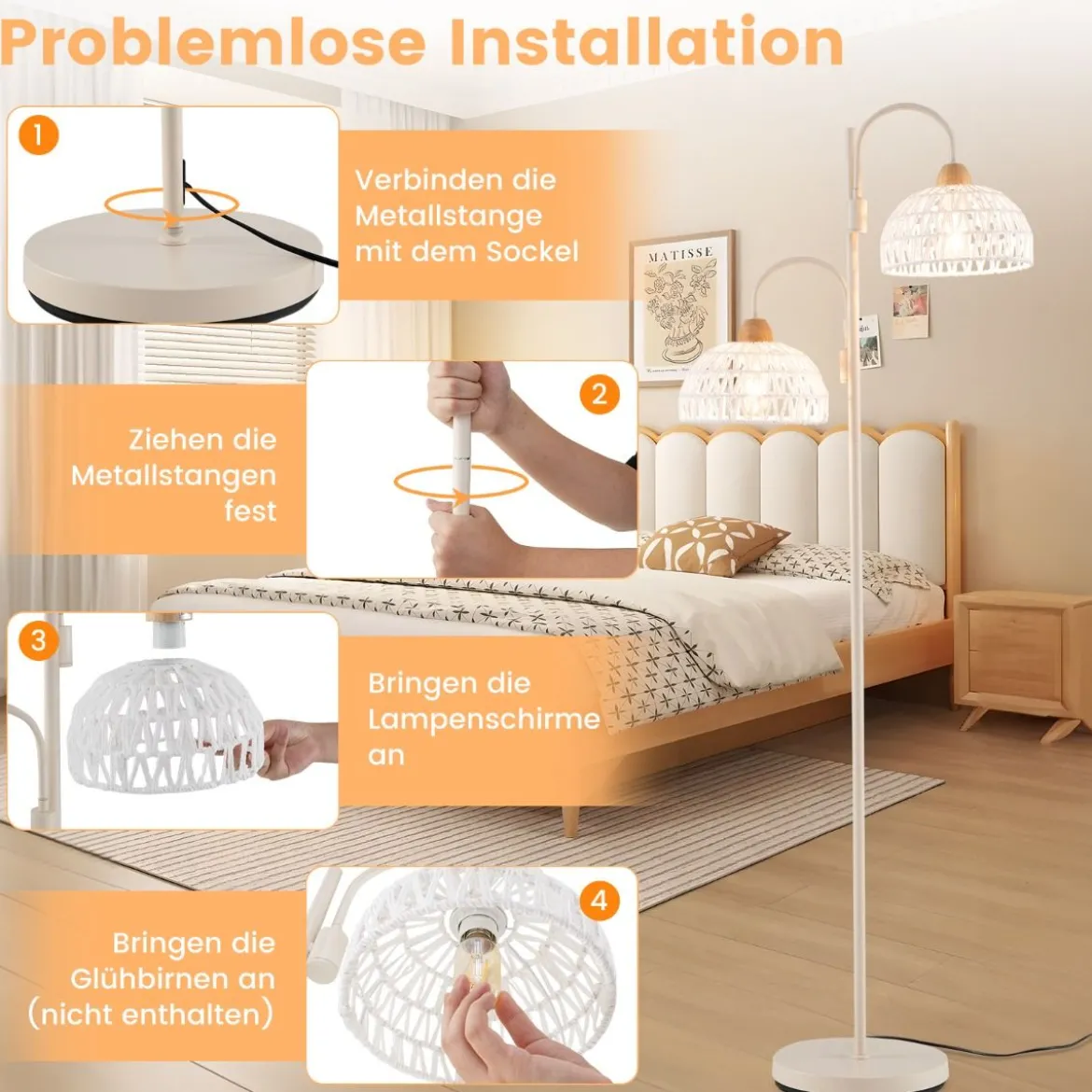 Stehlampe mit 2 Lichtern & Fußschalter 350° Drehbare Baumlampe Gewebten Lampenschirmen