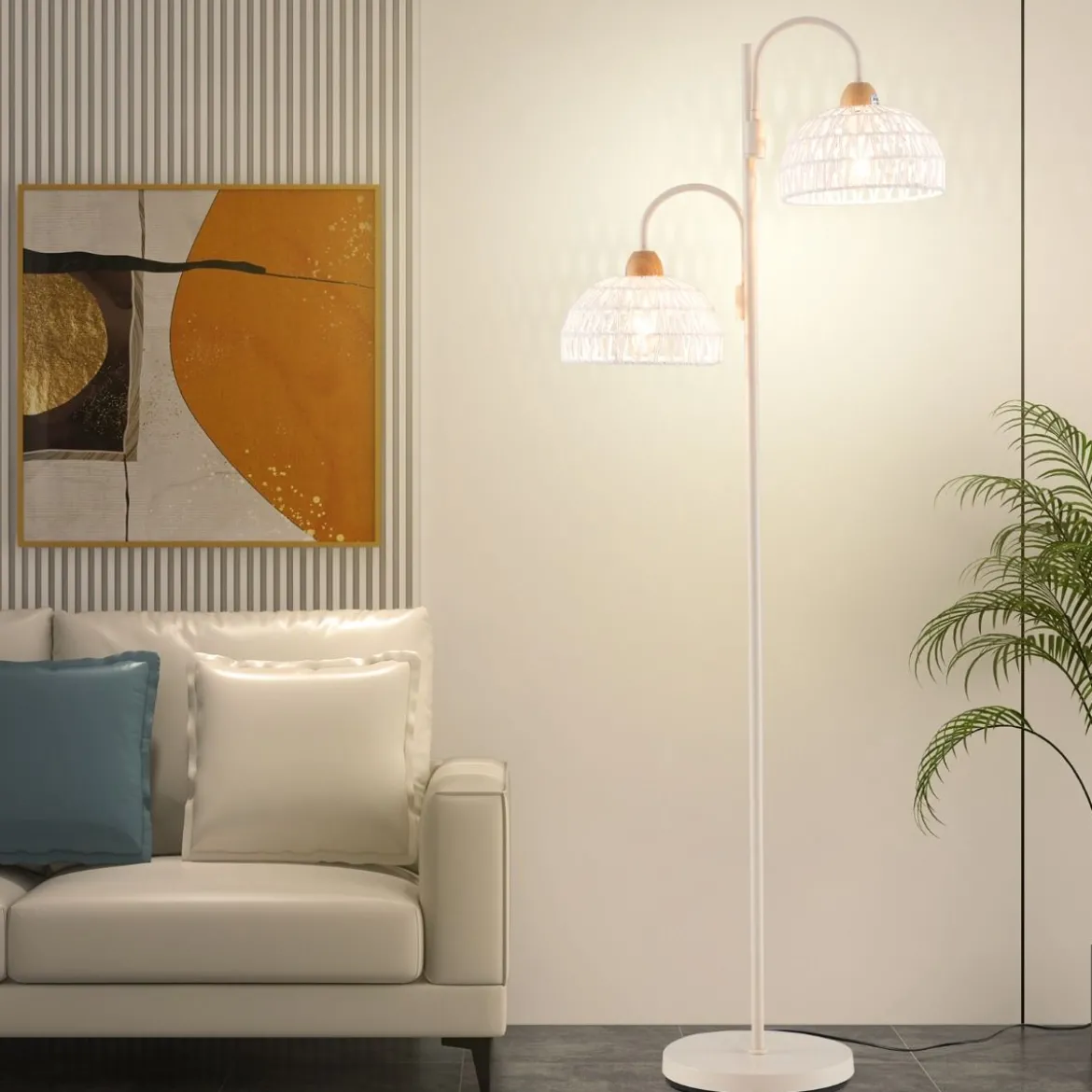Stehlampe mit 2 Lichtern & Fußschalter 350° Drehbare Baumlampe Gewebten Lampenschirmen
