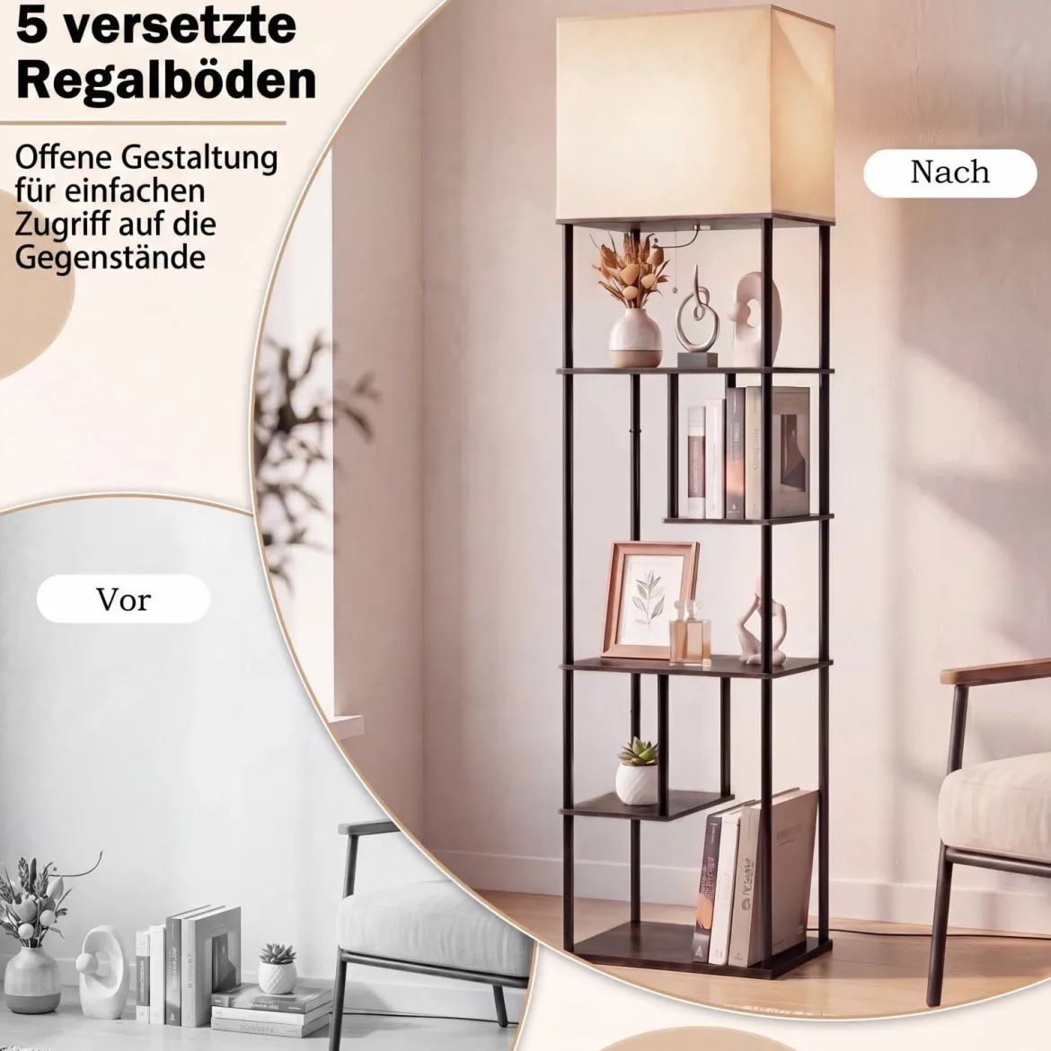Stehlampe mit Regal 172 cm Hoch Stehleuchte mit 5 Ablagen Moderne Standleuchte mit Lampenschirme