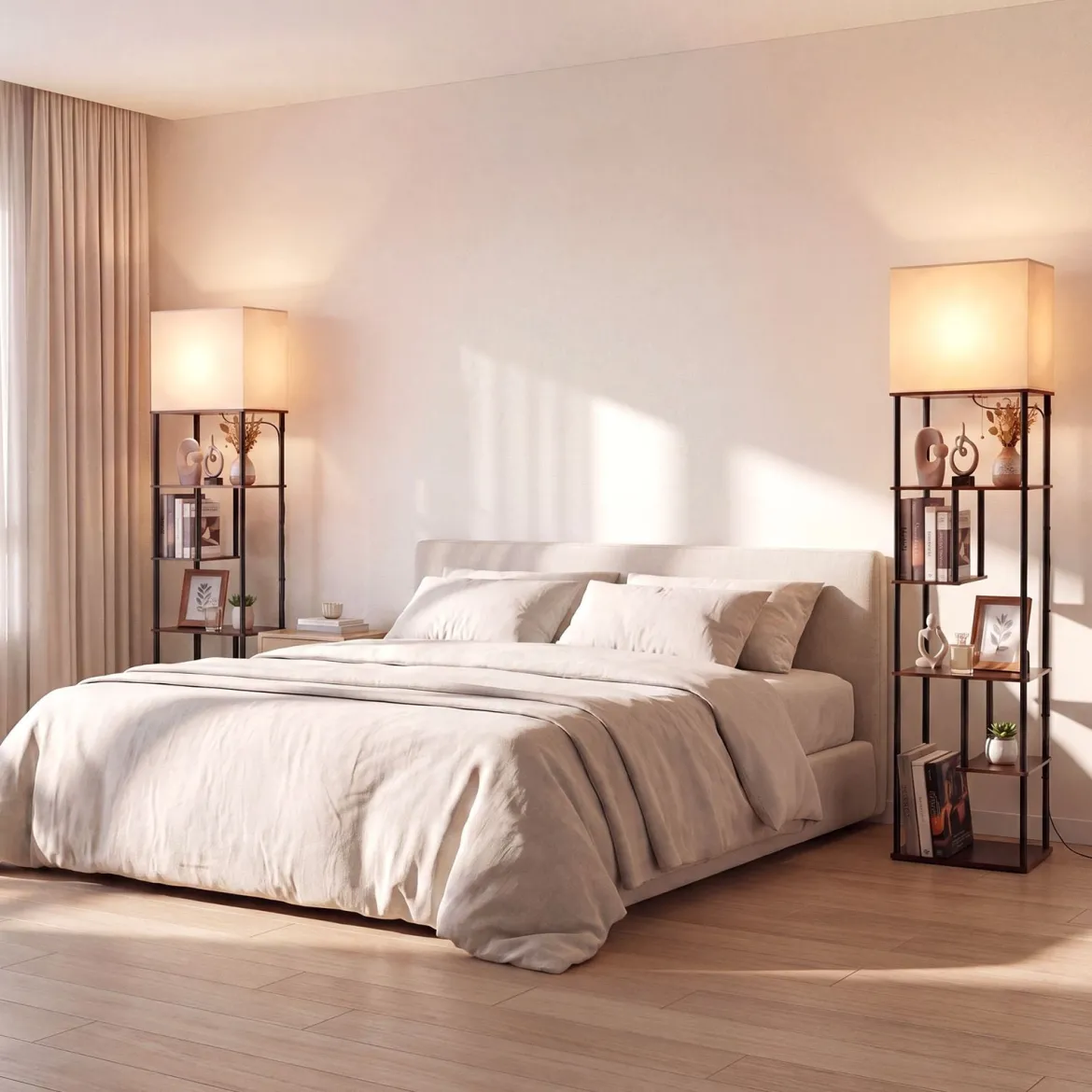 Stehlampe mit Regal 172 cm Hoch Stehleuchte mit 5 Ablagen Moderne Standleuchte mit Lampenschirme
