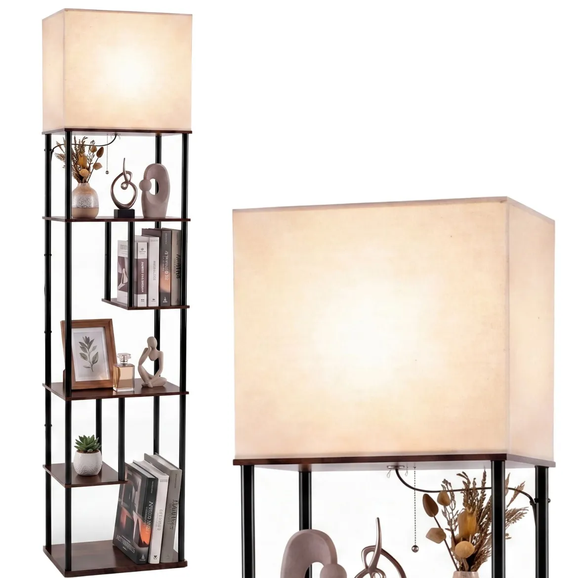Stehlampe mit Regal 172 cm Hoch Stehleuchte mit 5 Ablagen Moderne Standleuchte mit Lampenschirme