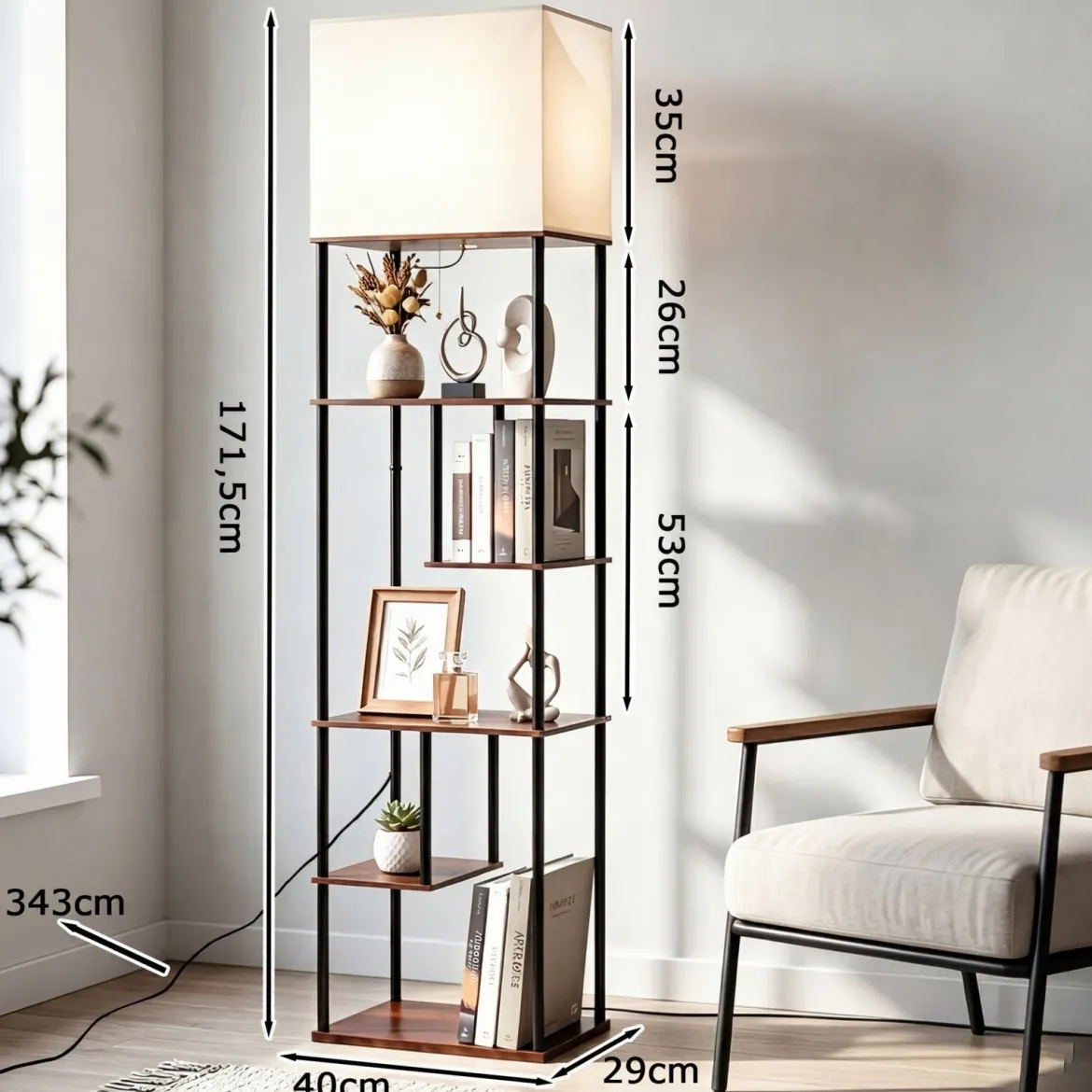 Stehlampe mit Regal 172 cm Hoch Stehleuchte mit 5 Ablagen Moderne Standleuchte mit Lampenschirme