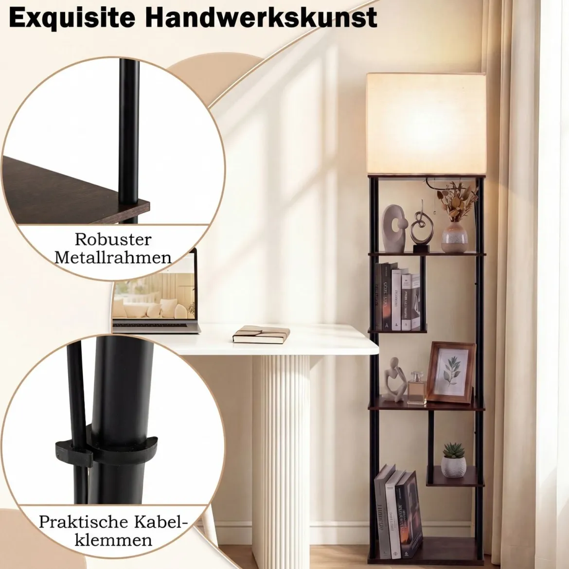 Stehlampe mit Regal 172 cm Hoch Stehleuchte mit 5 Ablagen Moderne Standleuchte mit Lampenschirme