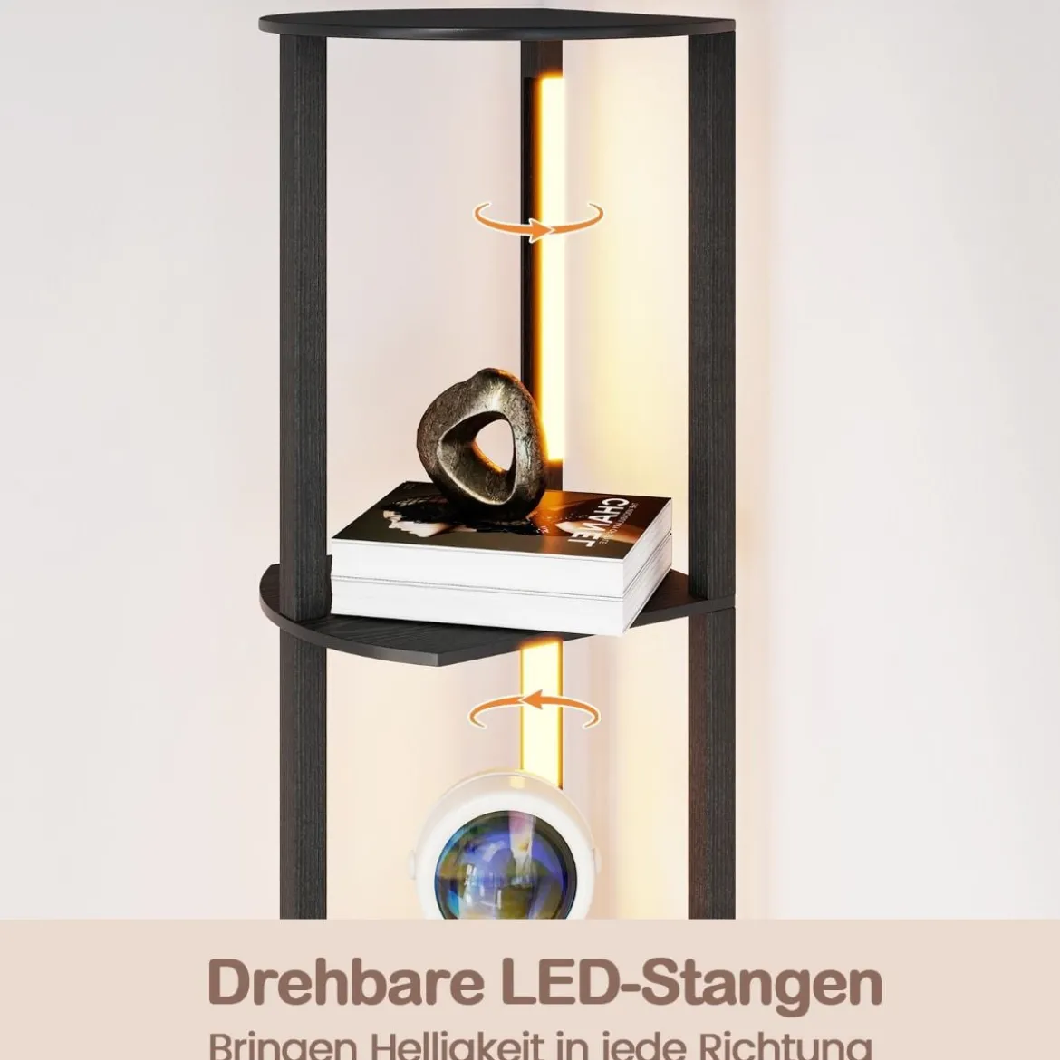 Stehlampe mit Regalen & 4 Drehbaren LED-Streifen & Fußschalter Stehleuchte Ablageregal