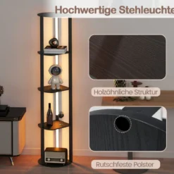 Stehlampe mit Regalen & 4 Drehbaren LED-Streifen & Fußschalter Stehleuchte Ablageregal