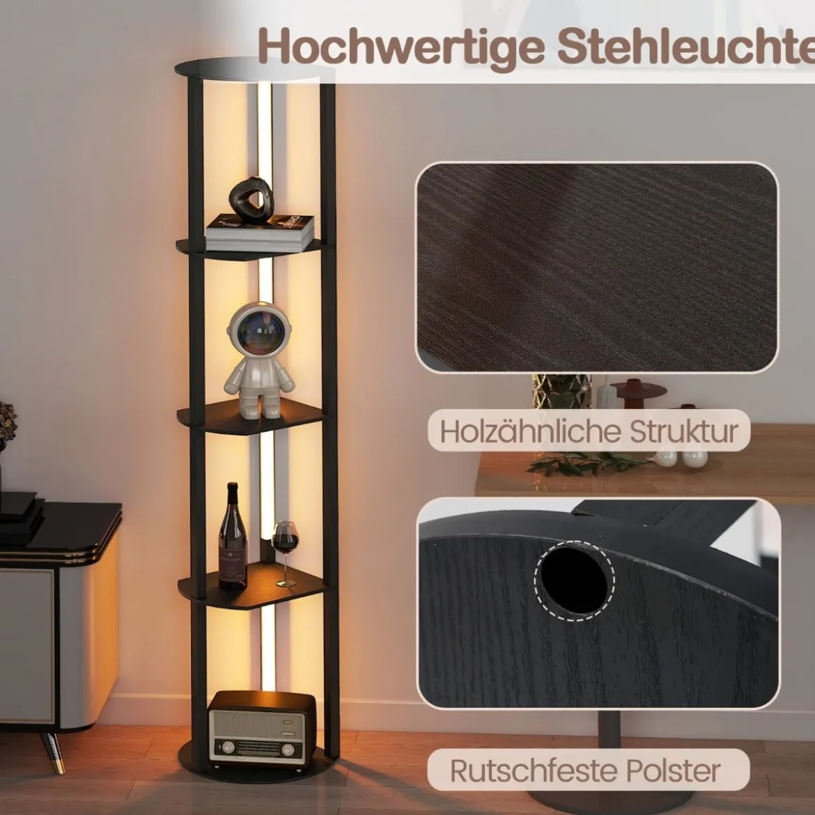 Stehlampe mit Regalen & 4 Drehbaren LED-Streifen & Fußschalter Stehleuchte Ablageregal