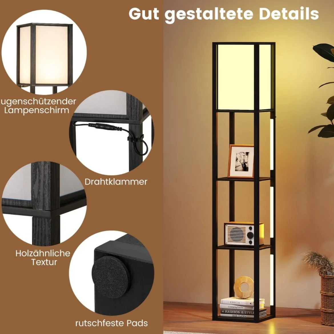 Stehlampe mit Regalen & Fußschalter & 3-stufig Einstellbaren LED-Streifen Holz Regallampe