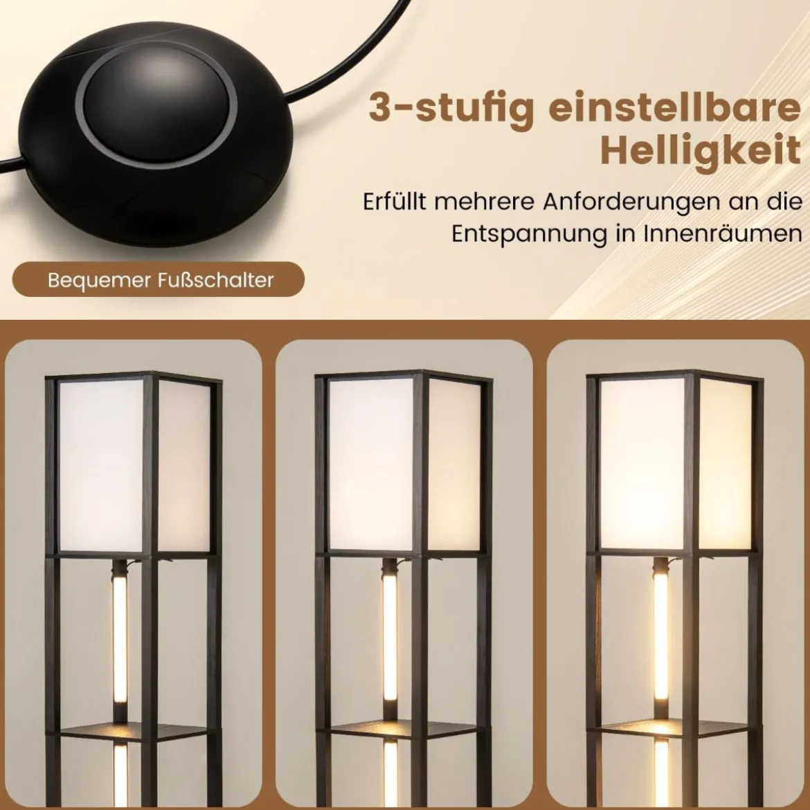 Stehlampe mit Regalen & Fußschalter & 3-stufig Einstellbaren LED-Streifen Holz Regallampe