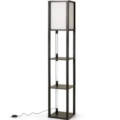 Stehlampe mit Regalen & Fußschalter & 3-stufig Einstellbaren LED-Streifen Holz Regallampe