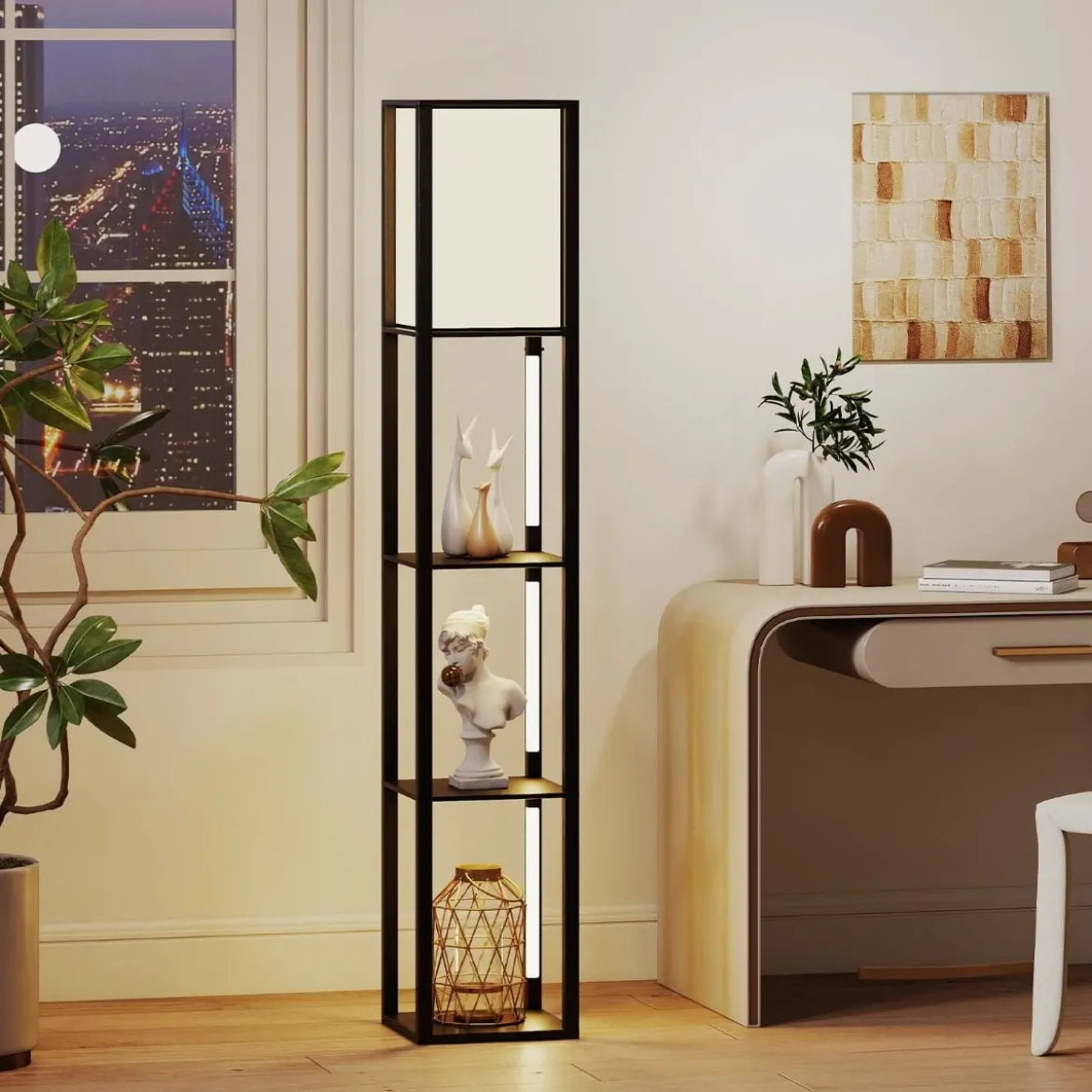 Stehlampe mit Regalen & Fußschalter & 3-stufig Einstellbaren LED-Streifen Holz Regallampe