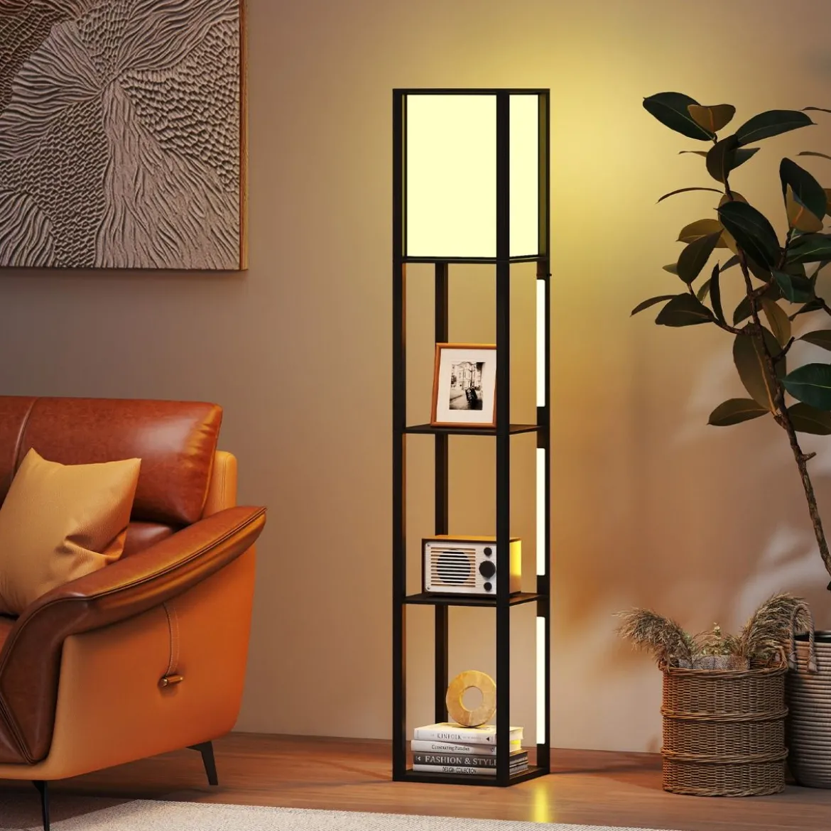 Stehlampe mit Regalen & Fußschalter & 3-stufig Einstellbaren LED-Streifen Holz Regallampe