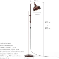 Stehlampe mit Verstellbarer Höhe & Lampenkopf & Metallrahmen Leselampe Standlampe