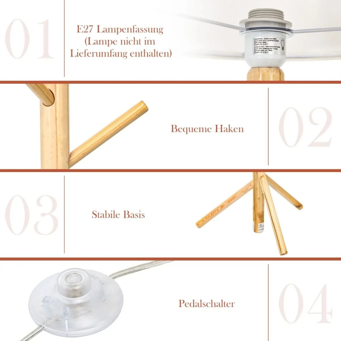 Stehleuchte Garderobenständer mit 6 Haken Stehlampe Holz E27 Fassung für Wohnzimmer Schlafzimmer Büro 180cm