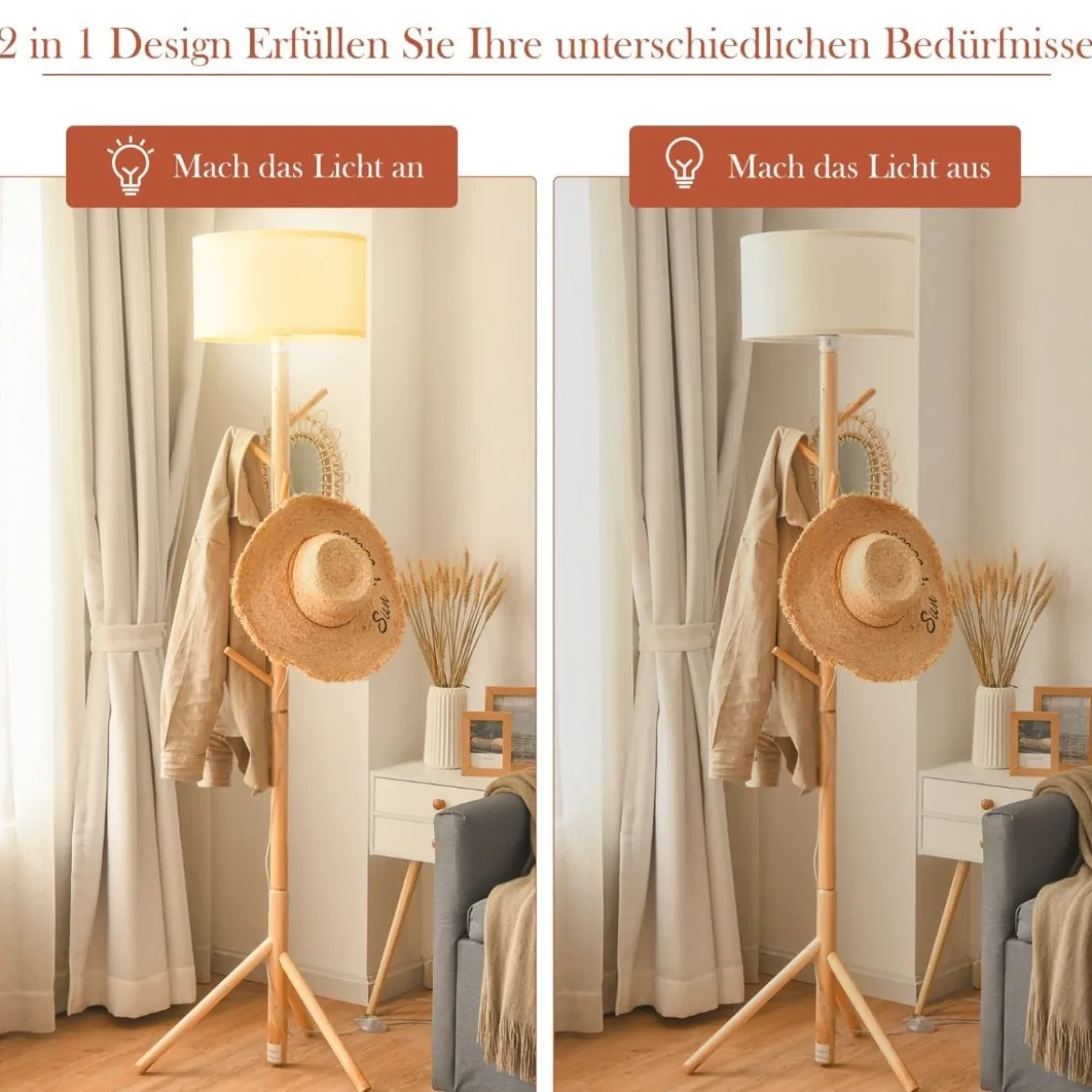 Stehleuchte Garderobenständer mit 6 Haken Stehlampe Holz E27 Fassung für Wohnzimmer Schlafzimmer Büro 180cm