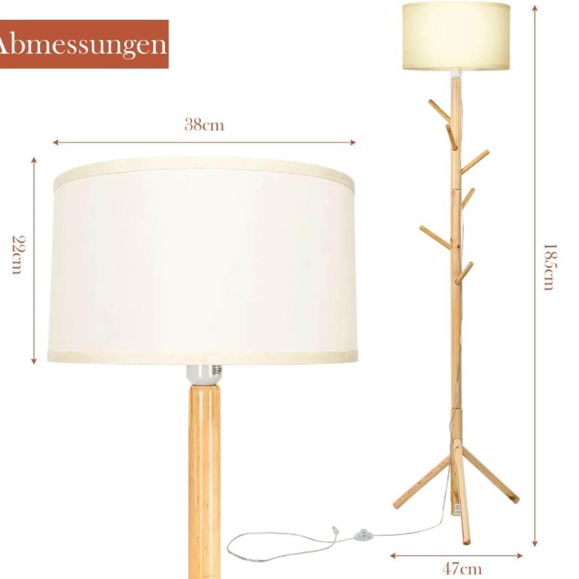 Stehleuchte Garderobenständer mit 6 Haken Stehlampe Holz E27 Fassung für Wohnzimmer Schlafzimmer Büro 180cm
