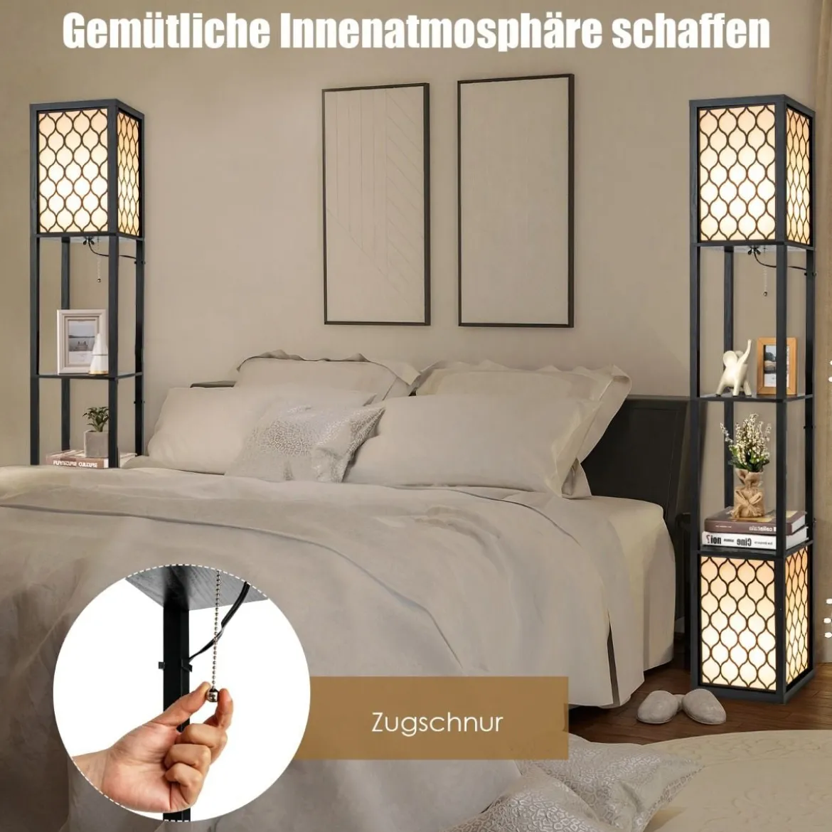 Stehleuchte Regal Freistehende Doppellampe mit Holzregal & Weißem Lampenschirm 26 x 26 x 156 cm