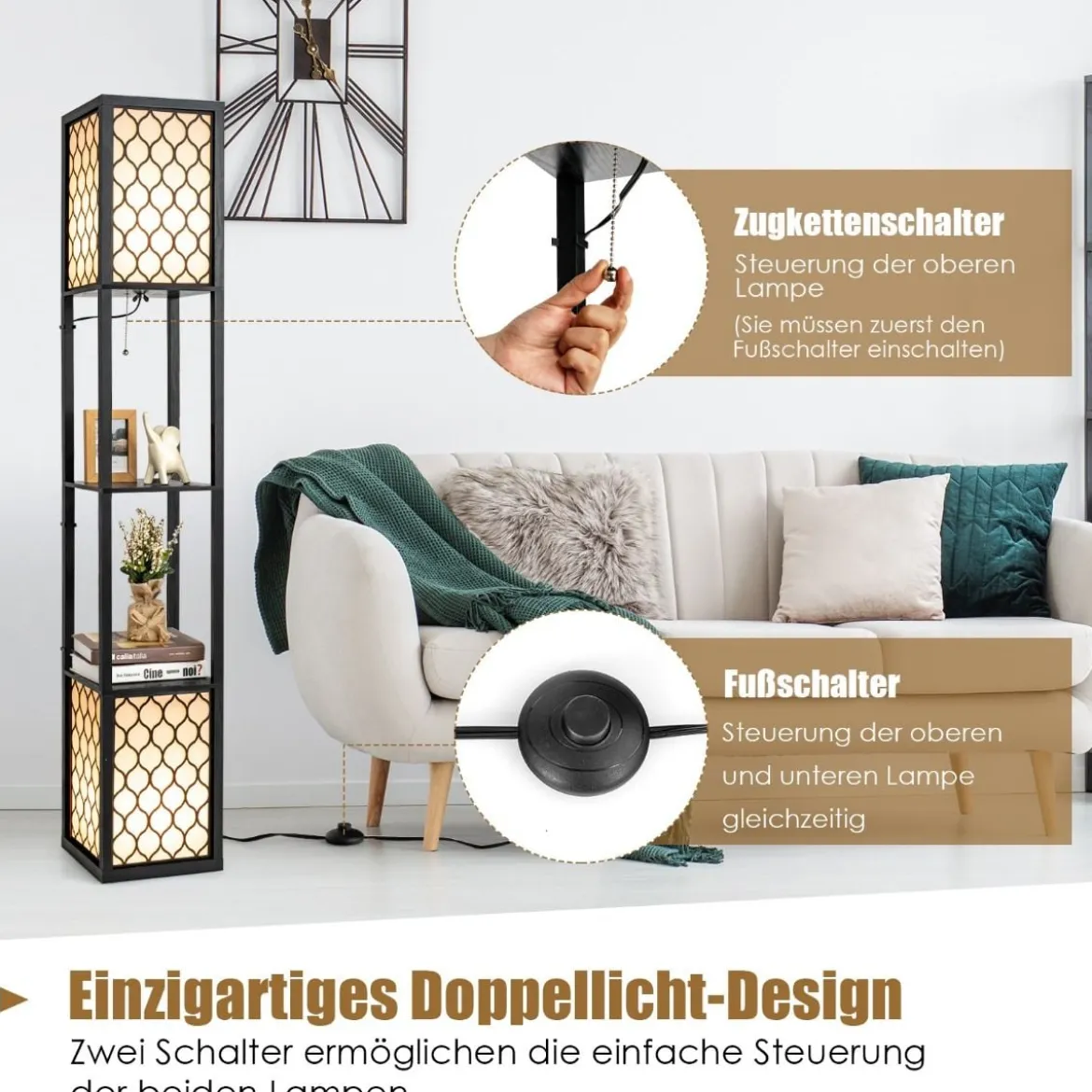 Stehleuchte Regal Freistehende Doppellampe mit Holzregal & Weißem Lampenschirm 26 x 26 x 156 cm