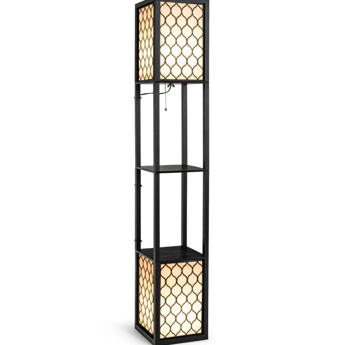 Stehleuchte Regal Freistehende Doppellampe mit Holzregal & Weißem Lampenschirm 26 x 26 x 156 cm