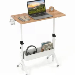 Stehpult Höhenverstellbar 70-117 cm Mobiler Schreibtisch auf Rollen mit Stoffkorb Tablet-Rille Natur