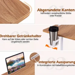 Stehpult Höhenverstellbar 70-117 cm Mobiler Schreibtisch auf Rollen mit Stoffkorb Tablet-Rille Natur