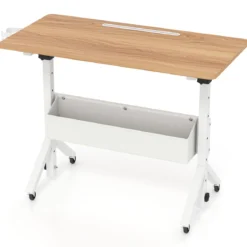 Stehpult Höhenverstellbar 70-117 cm Mobiler Schreibtisch auf Rollen mit Stoffkorb Tablet-Rille Natur
