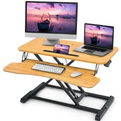 Stehpult Höhenverstellbarer Stehpultständer mit Tastaturablage 80 x 64 x 11-50,5 cm Natur + Schwarz