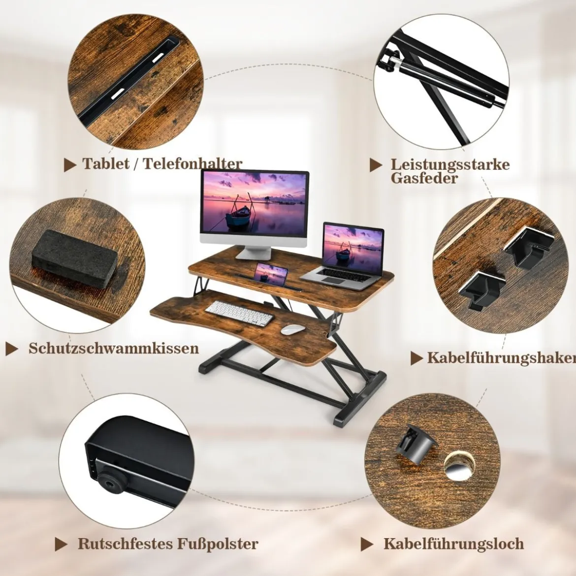 Stehpult Höhenverstellbarerer Sitz-Steh-Schreibtisch Tischaufsatz 80 x 64 x 11-50,5 cm Braun + Schwarz