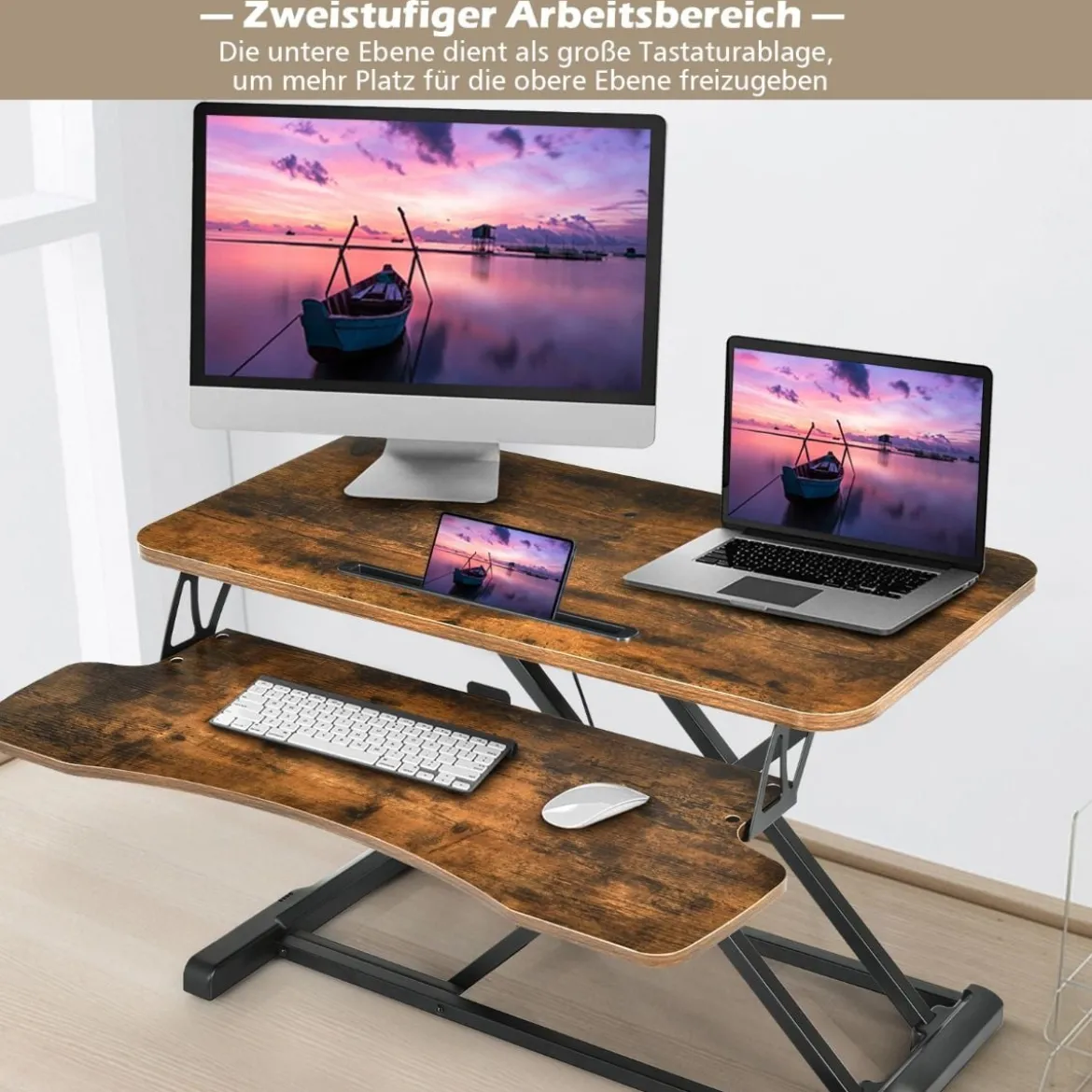 Stehpult Höhenverstellbarerer Sitz-Steh-Schreibtisch Tischaufsatz 80 x 64 x 11-50,5 cm Braun + Schwarz
