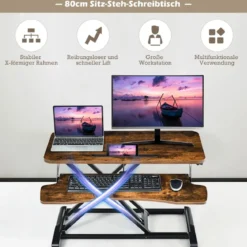 Stehpult Höhenverstellbarerer Sitz-Steh-Schreibtisch Tischaufsatz 80 x 64 x 11-50,5 cm Braun + Schwarz