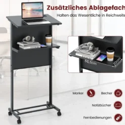 Stehpult höhenverstellbar Steh-Sitz Schreibtisch mit Rollen mobiler Stehschreibtisch Schwarz