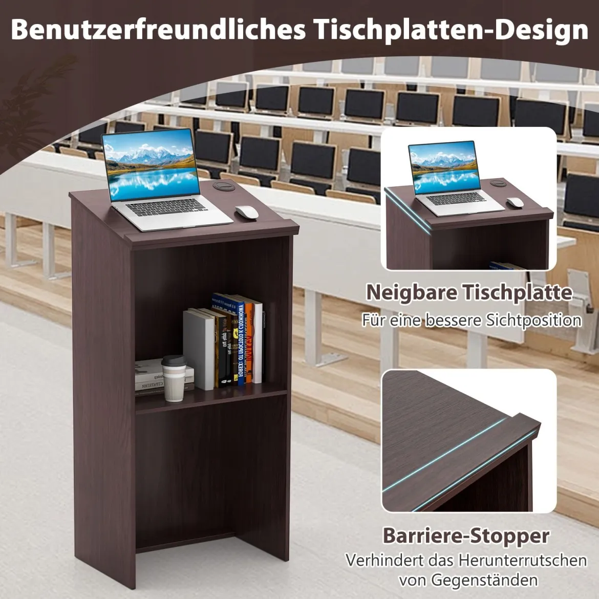 Stehpult Rednerpult mit Ablagefläche und Kabeldurchführungen Stehtisch Braun
