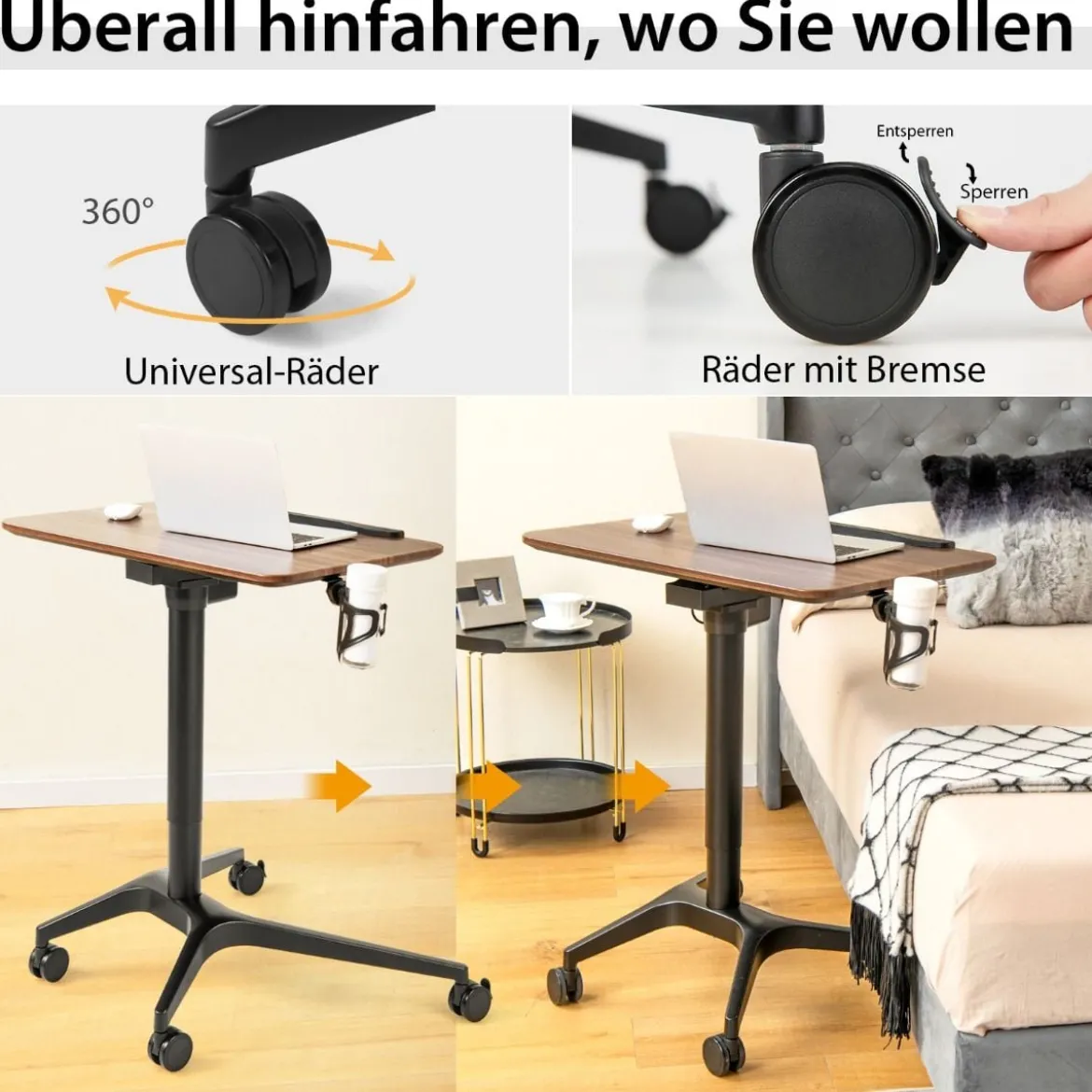 Stehschreibtisch Sitz-Steh Schreibtisch mit Arbeitsplatte und 4 Rollen 72 x 50 x 74-107 cm Braun + Schwarz