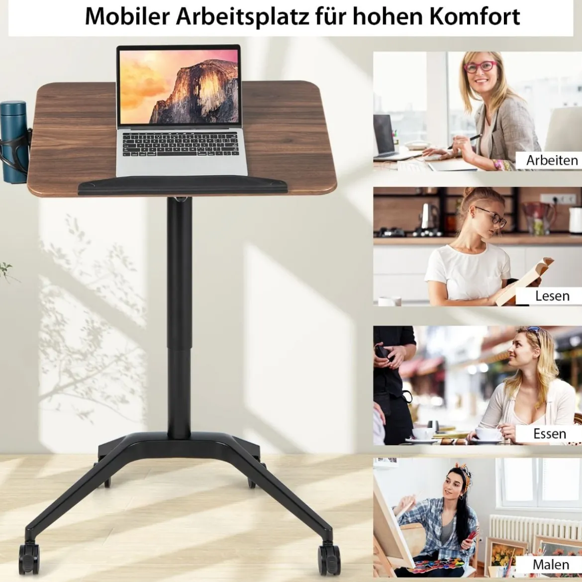 Stehschreibtisch Sitz-Steh Schreibtisch mit Arbeitsplatte und 4 Rollen 72 x 50 x 74-107 cm Braun + Schwarz
