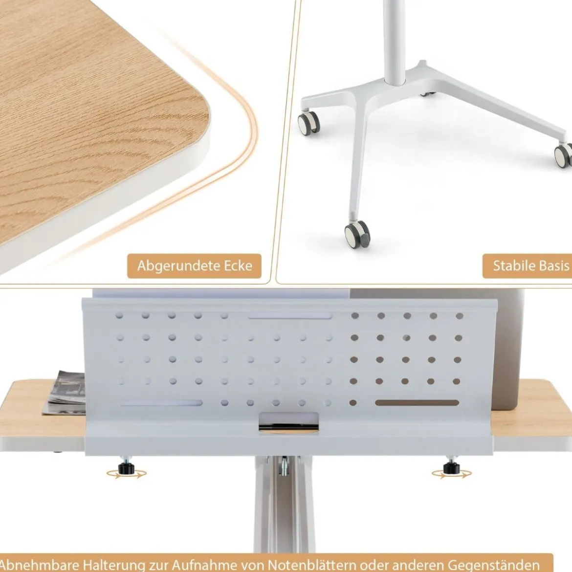 Stehschreibtisch Sitz-Steh Schreibtisch mit Arbeitsplatte und 4 Rollen 71 x 48 x 77-107 cm Natur + Weiß