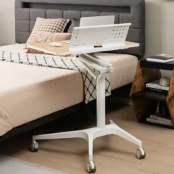 Stehschreibtisch Sitz-Steh Schreibtisch mit Arbeitsplatte und 4 Rollen 71 x 48 x 77-107 cm Natur + Weiß