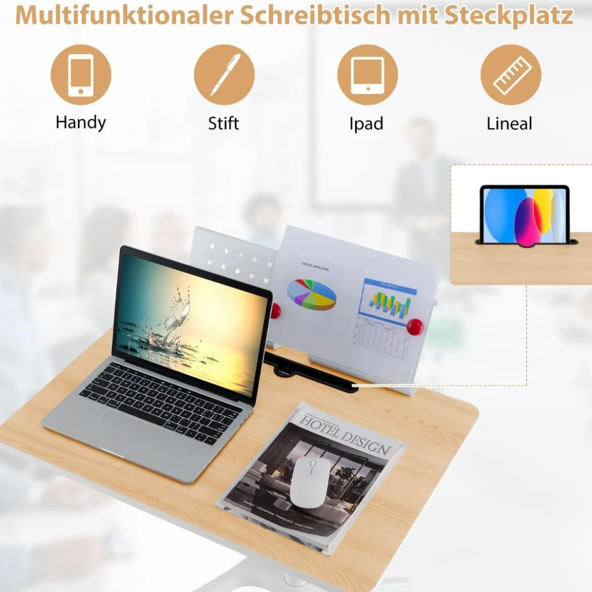 Stehschreibtisch Sitz-Steh Schreibtisch mit Arbeitsplatte und 4 Rollen 71 x 48 x 77-107 cm Natur + Weiß