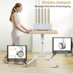 Stehschreibtisch Sitz-Steh Schreibtisch mit Arbeitsplatte und 4 Rollen 71 x 48 x 77-107 cm Natur + Weiß
