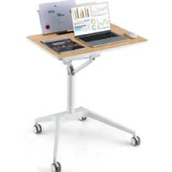 Stehschreibtisch Sitz-Steh Schreibtisch mit Arbeitsplatte und 4 Rollen 71 x 48 x 77-107 cm Natur + Weiß
