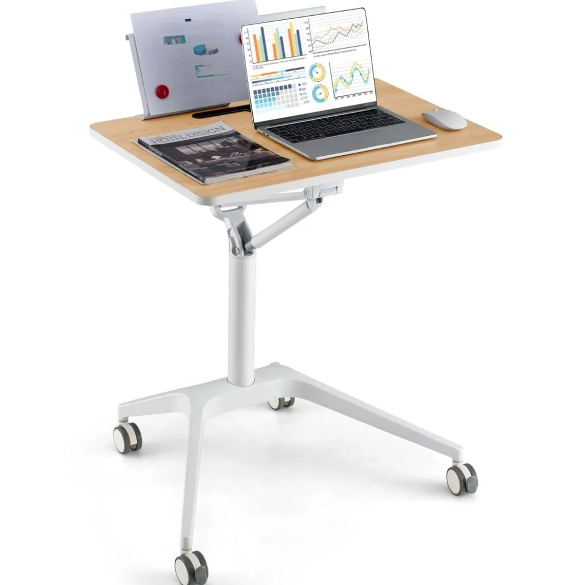 Stehschreibtisch Sitz-Steh Schreibtisch mit Arbeitsplatte und 4 Rollen 71 x 48 x 77-107 cm Natur + Weiß
