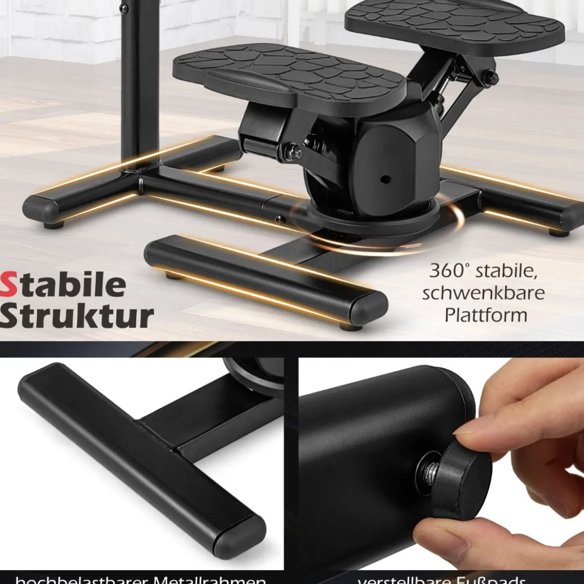 Stepper für Training Twist Stair Stepper Trainingsgerät mit höhenverstellbarem Griff & Rutschfesten Pedalen Schwarz